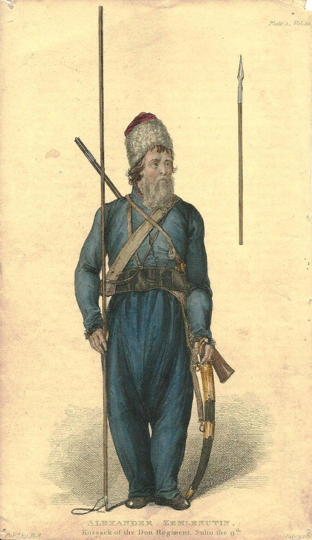 Alexander Zemlenutin Kossack of the Don Regiment: Alexander Zemlenutin Engraving by Freschi of Alexander Zemlenutin, Kossack of the Don Regiment, Sulin the 9th. Published by R.A. (Rudolph Ackermann) July 1, 1813. Plate 1, Vol 10. Image shows a full l