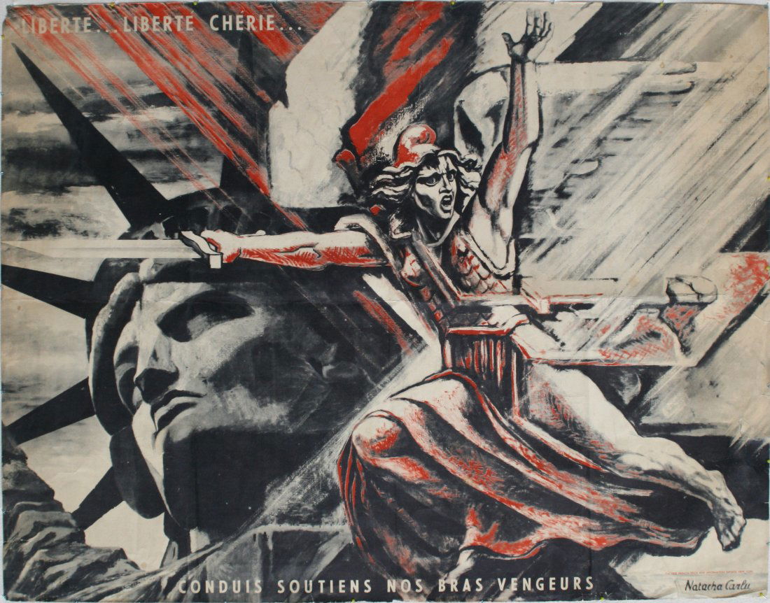 Original poster Sweet Liberty Carlu: Original vintage French World War Two propaganda poster published in the USA: Liberte...Liberte Cherie... Conduis Soutiens Nos Bras Vengeurs. Issued by the Free French Press and Information Service, N