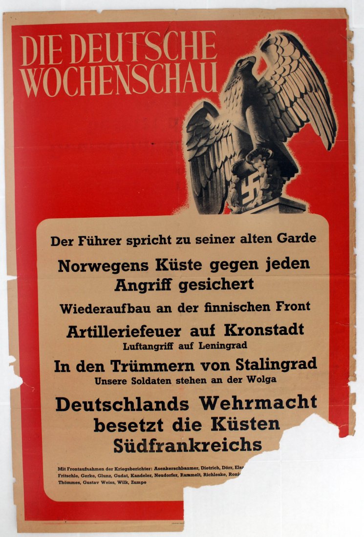 Original poster Nazi News Reel Wochenschau 1942: Original vintage poster for the Die Deutsche Wochenschau, The German Weekly Review. It was the title of the unified newsreel series released in the cinemas of Nazi Germany from 1940 until the end of W