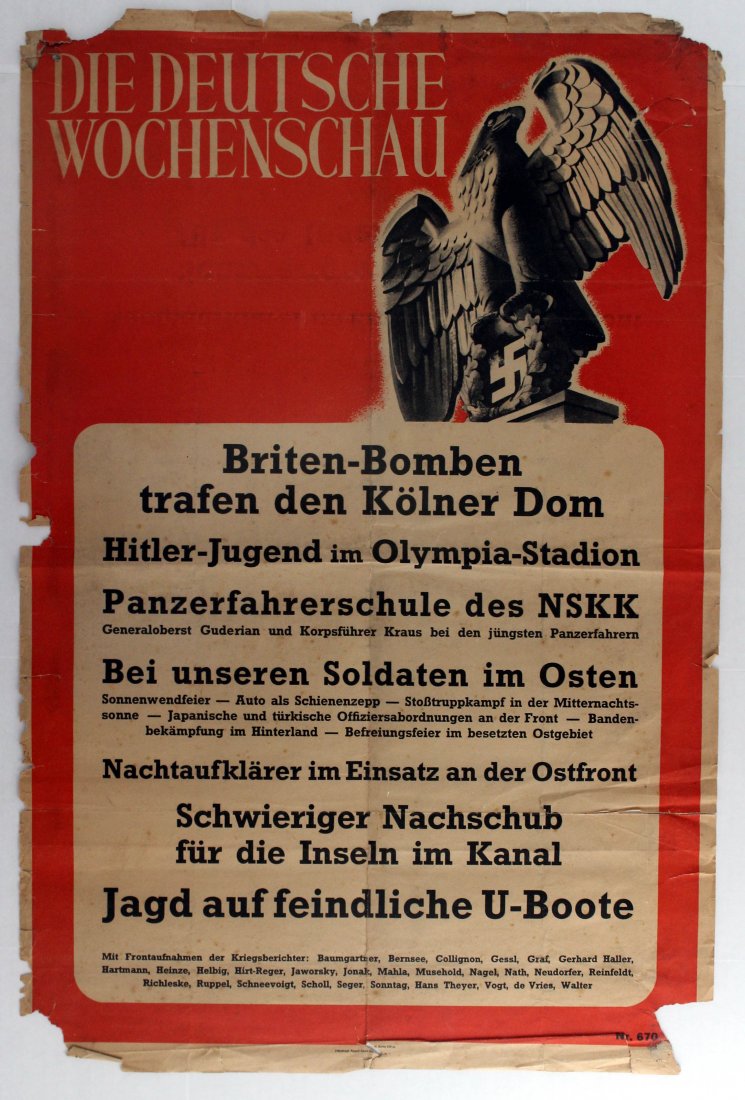 Original poster Nazi News Reel Wochenschau 1940: Original vintage poster for the Die Deutsche Wochenschau, The German Weekly Review. It was the title of the unified newsreel series released in the cinemas of Nazi Germany from 1940 until the end of W
