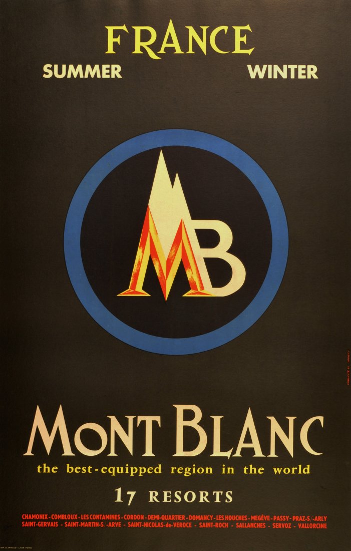 Ski Posters Mont Blanc 17 Ski Winter Summer Resorts: Mont Blanc 17 Ski Winter Summer Resorts Original vintage lithograph poster promoting Mont Blanc, the best equipped region in the world. Summer and Winter. France. The list of 17 resorts include popula