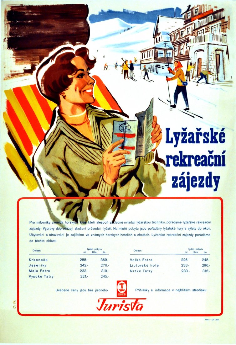 Ski Posters Ski Holidays in Slovak Tatry Mountains: Ski Holidays in Slovak Tatry Mountains Original vintage ski poster promoting skiing holidays in the Tatra Mountains organised by the Turista travel agency. Great mid-century image of a lady reading a 