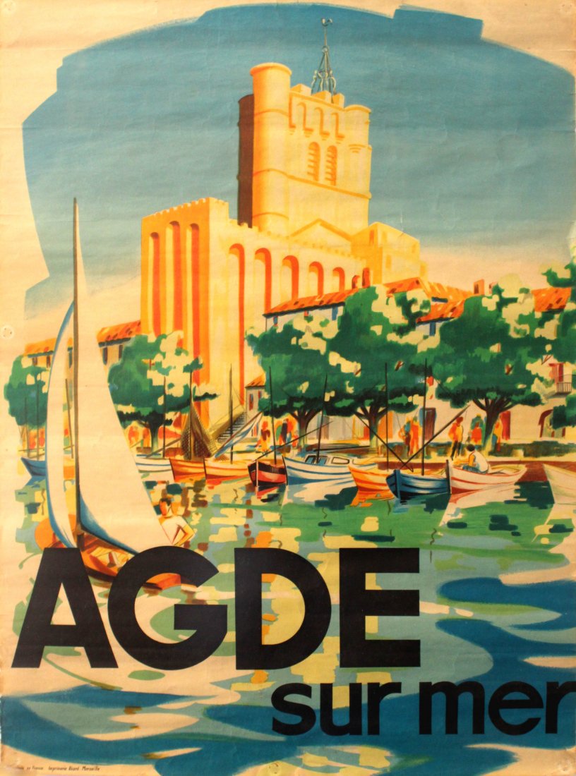 Travel Posters Agde Sur Mer Cote D'Azur: Agde Sur Mer Cote D'Azur Original vintage travel poster advertising Agde sur Mer featuring an image of the historic Saint-Etienne Cathedral viewed from the sea towering above a sailing boat, rowing bo