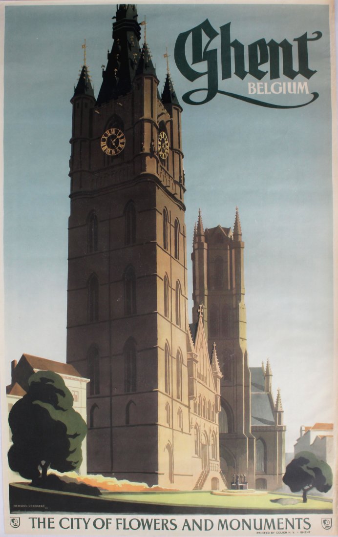 Travel Posters Belgium Ghent: Belgium Ghent Original vintage travel poster advertising Ghent, Belgium - City of Flowers and Monuments. Artwork by Herman Verbaere (1906-1993) featuring the 14th century belfry clock tower, a world h