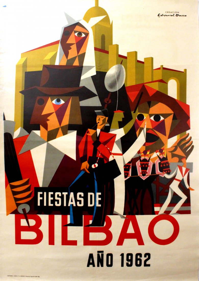 Travel Posters Bilbao 1962 Basque Coast: Bilbao 1962 Basque Coast Original vintage travel advertising poster - Fiestas de Bilbao ano 1962 - Bilbao Festival, 1962. Colourful stylised image of folk dancers and musicians, people in fancy dress 