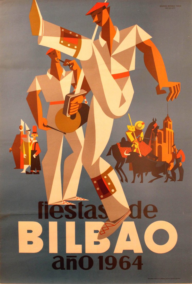 Travel Posters Bilbao 1964 Basque Country: Bilbao 1964 Basque Country Original vintage travel advertising poster - Fiestas de Bilbao ano 1964 - Bilbao Festival, 1964. Colourful image on a blue background featuring folk dancers and musicians, p