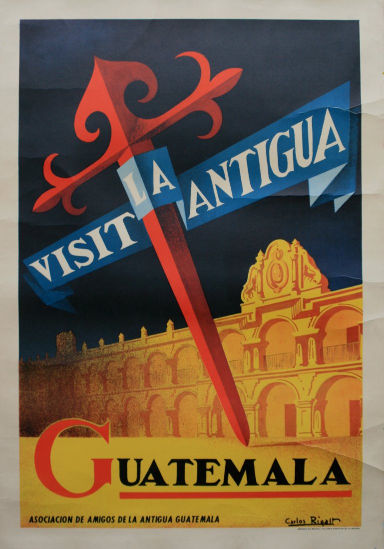 Travel Posters Guatemala: Guatemala Original vintage travel poster for the world heritage city of Antigua, capital of Guatemala in Central America - Visit La Antigua. Stylised image of the Capitanes Generales Palace with text