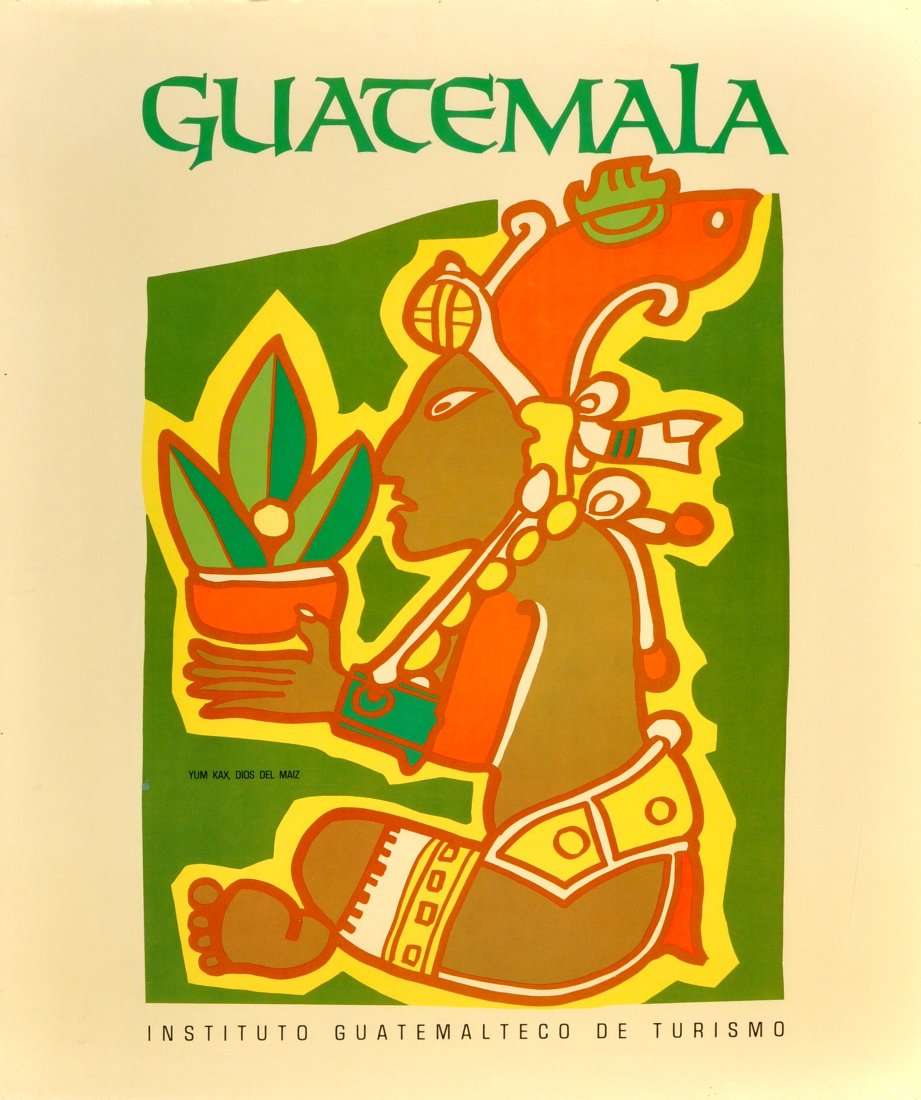 Travel Posters Guatemala - Mayan Mural: Guatemala - Mayan Mural Original vintage travel poster for Guatemala, Central America. Image of a Mayan mural of Yum Kax, Dios del Maiz - the Mayan God of Agriculture featuring corn (maize), a sacred 