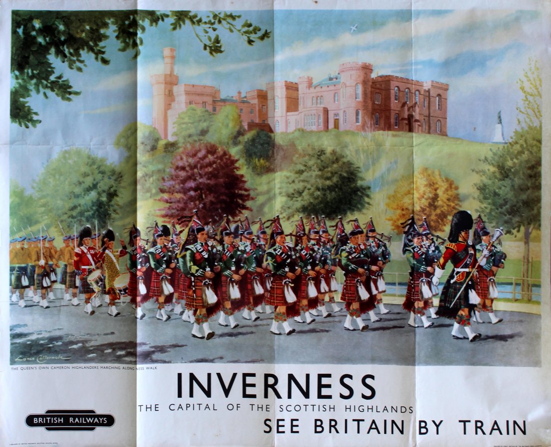 Travel Posters Inverness British Railways: Inverness British Railways Original vintage British Railways poster for Inverness, the Capital of the Scottish Highlands - See Britain by Train. Colourful image of "The Queen's Own Cameron Highlanders