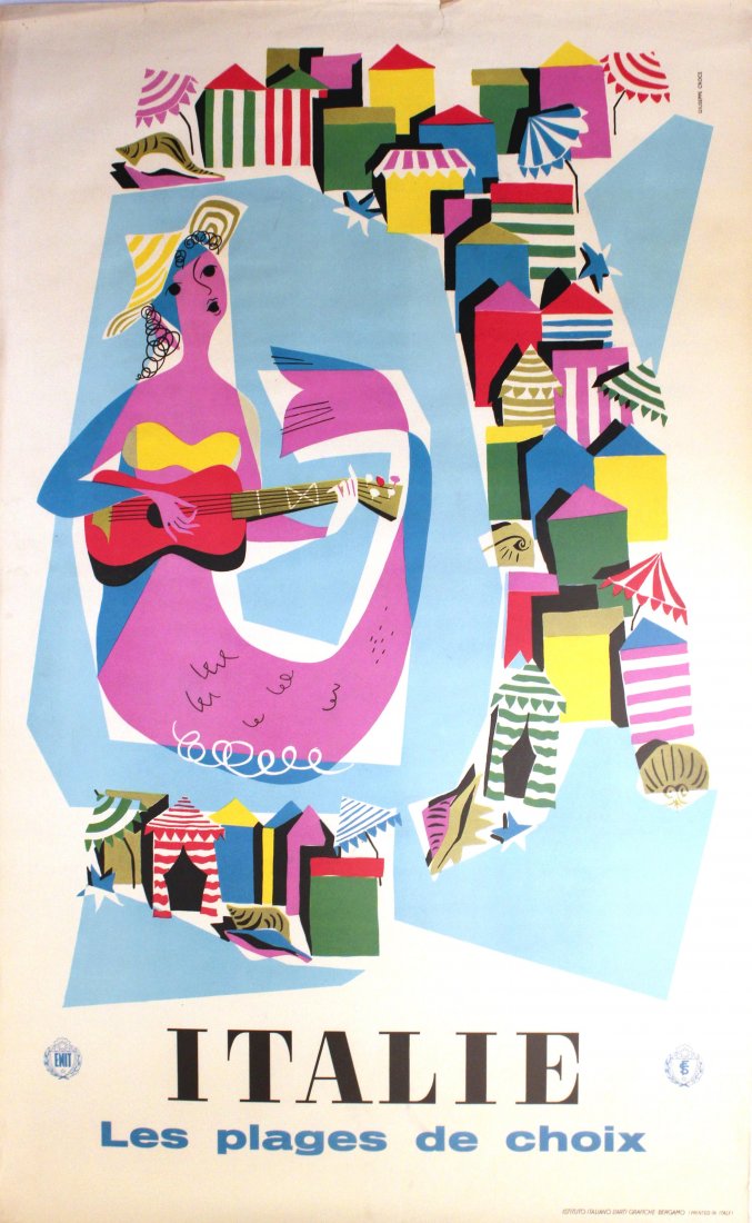 Travel Posters Italy, the Best Beaches: Italy, the Best Beaches Original vintage travel poster advertising Italy, the best beaches - Italie, les plages des choix. Colourful cubist image of a mermaid serenading with guitar music, beach huts
