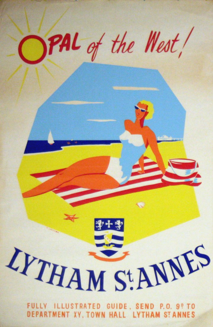 Travel Posters Lytham St Annes - Opal of the West!: Lytham St Annes - Opal of the West! Original vintage travel poster advertising Lytham St Annes - Opal of the West! Fun artwork for this British holiday resort in Lancashire featuring a lady sitting on