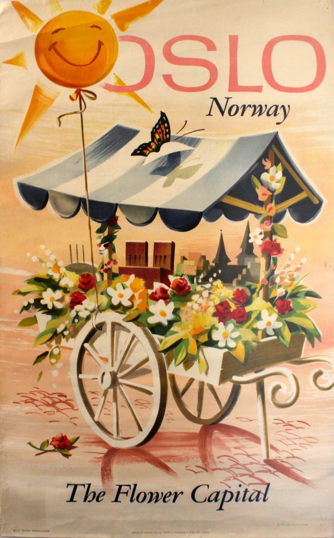 Travel Posters Norway Oslo Flower Capital: Norway Oslo Flower Capital Original vintage travel poster advertising Oslo, the capital of Norway, as the Flower Capital. Fun and colourful image of a wooden cart laden with flowers and greenery stand