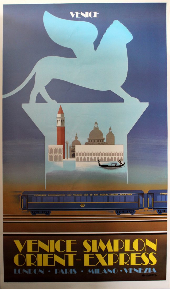 Travel Posters Orient Express Venice: Orient Express Venice Original vintage travel advertising poster for the Venice Simplon Orient-Express, London Paris Milan Venice. Art Deco style image featuring the skyline of Venice with a gondola o