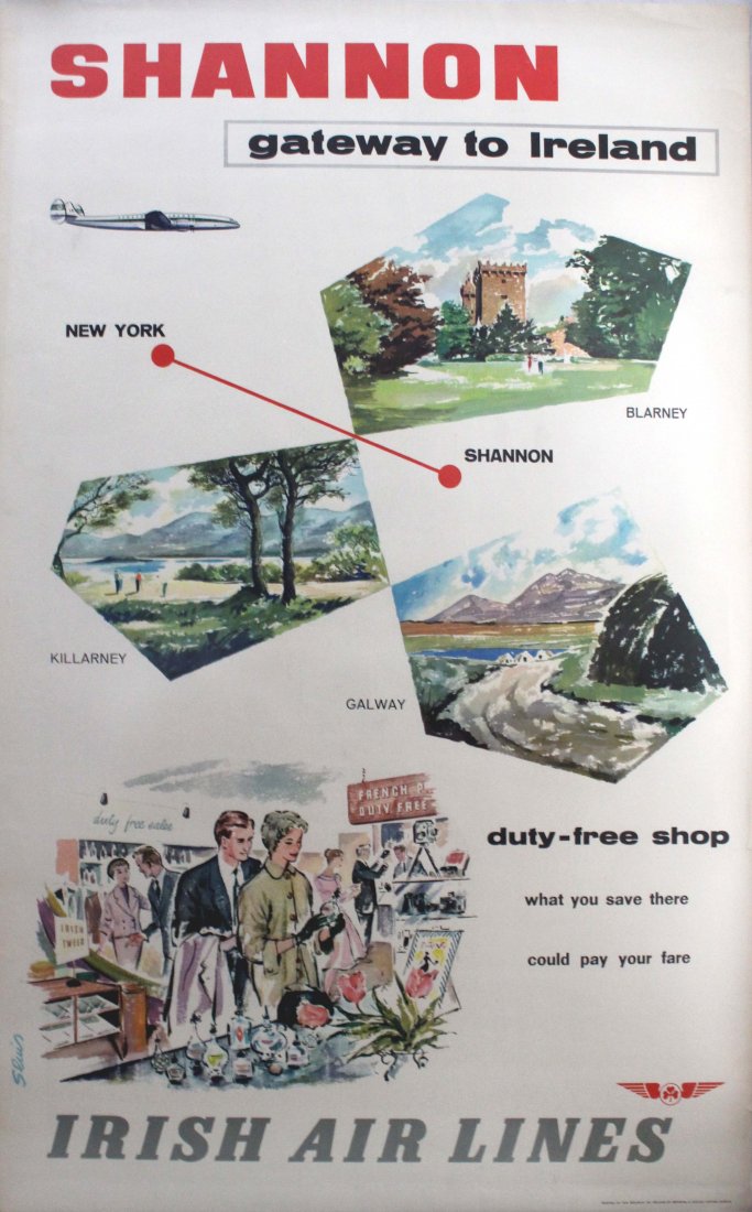 Travel Posters Shannon New York Irish Air Lines: Shannon New York Irish Air Lines Constellation Original vintage travel advertising poster: Shannon gateway to Ireland / New York to Shannon / duty free shop - what you save there - could pay for your 