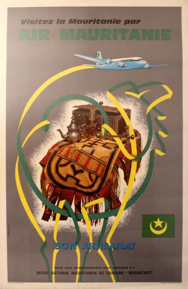 Travel Posters Visit Mauritania: Visit Mauritania Original vintage travel advertising poster - Visit Mauritania (Africa) by Air Mauritania - featuring an image of local artisan handicrafts with a plane flying above and ribbons in the