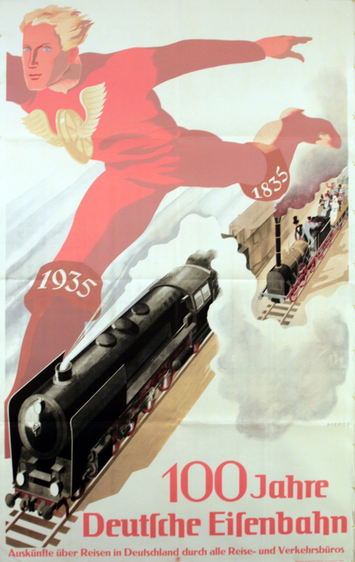 Advertising Posters 100 Years of German Railways: 100 Years of German Railways Original vintage advertising poster for 100 Years of German Railways, 1835-1935. Designed by Riemer. Good condition, folded, minor tears on margins. Original Vintage Poste