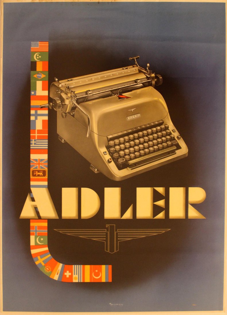 Advertising Posters Adler Universal Typewriter: Adler Universal Typewriter Original vintage poster advertising Adler typewriters featuring an image of a typewriter with the company logo and flags of the countries selling the typewriter. Artwork by 