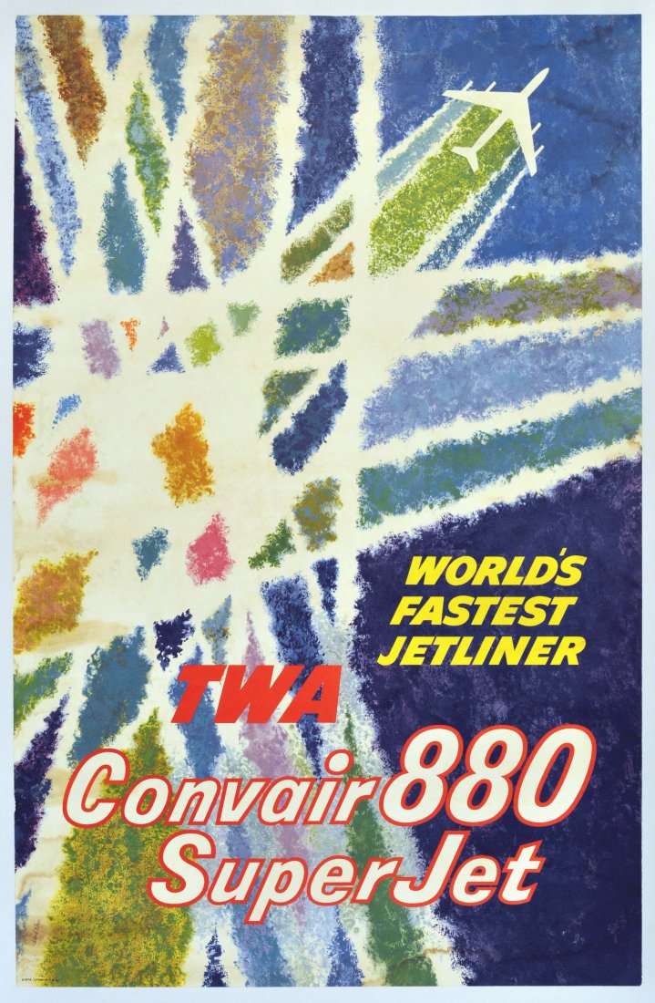 Advertising Posters Convair 880 SuperJet TWA: Convair 880 SuperJet TWA Original vintage poster published by the TWA to promote the latest airplane in their fleet - World's Fastest Jetliner - Convair 880 SuperJet. Dynamic design by American artist