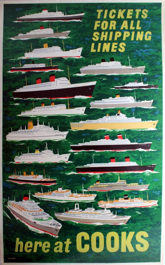 Advertising Posters Cooks Cruise Line Ships: Cooks Cruise Line Ships Original vintage advertising poster for the travel agency, Cooks "Tickets for all shipping liners here at Cooks" featuring pictures of cruise liners, including Queen Elizabeth,