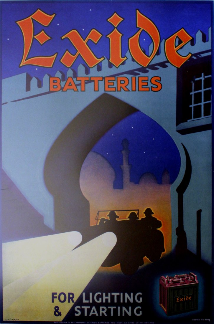 Advertising Posters Exide Batteries: Exide Batteries Original vintage advertising poster for Exide Batteries, for lighting and starting, featuring explorers in a jeep driving their car through a Middle Eastern town with minarets on the h