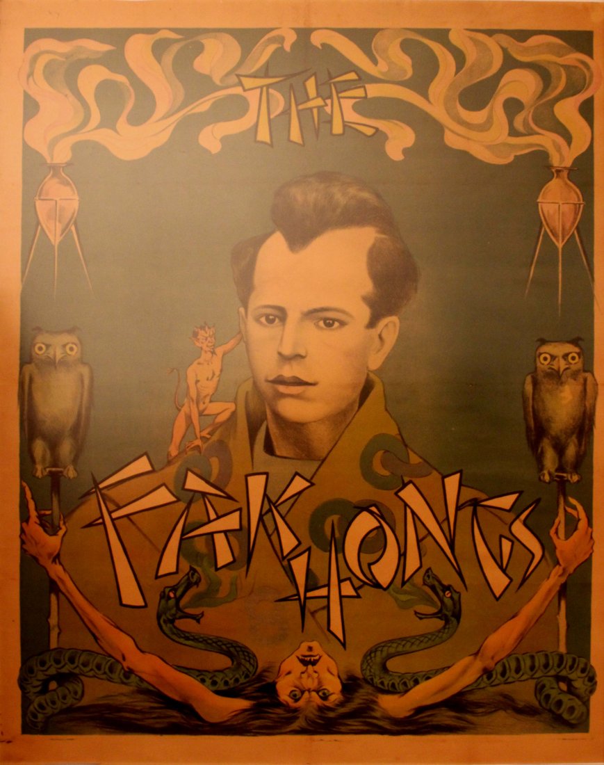 Advertising Posters Fak-Hong Magician: Fak-Hong Magician Original vintage advertising poster for The Fak-Hongs featuring a little devil on the man's shoulder with a pair of snakes and owls, small smoking cauldrons above and a witch below w