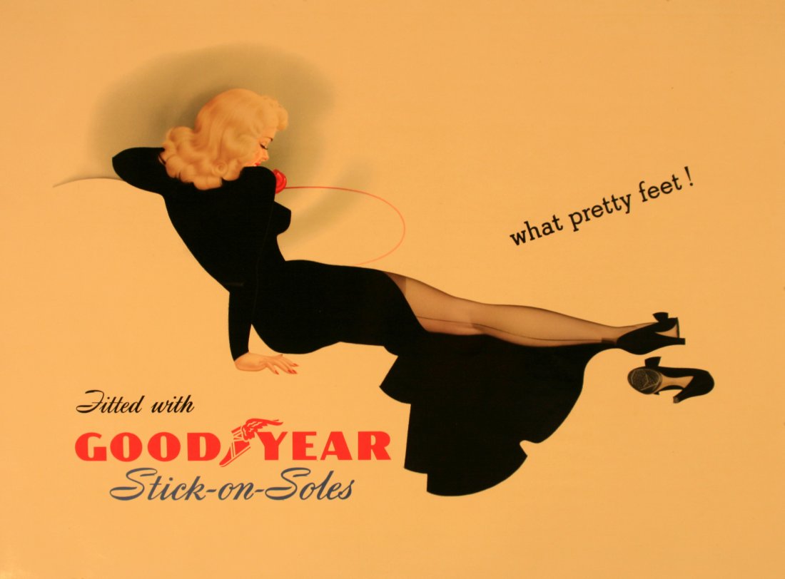 Advertising Posters Goodyear Soles - Telephone Gloss: Goodyear Soles - Telephone Gloss Original vintage advertising poster for Goodyear stick on soles. What pretty feet! Features a very stylish pin-up image of a lady in a black evening dress and black st