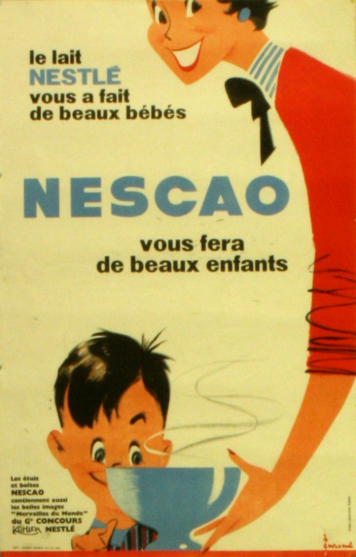 Advertising Posters Nescao, Nestle: Nescao, Nestle Original vintage advertising poster: Nescao, Nestle - vous fera de beaux enfants - for beautiful children. Image of a happy boy and a smiling mother serving him a hot milk drink. Printe