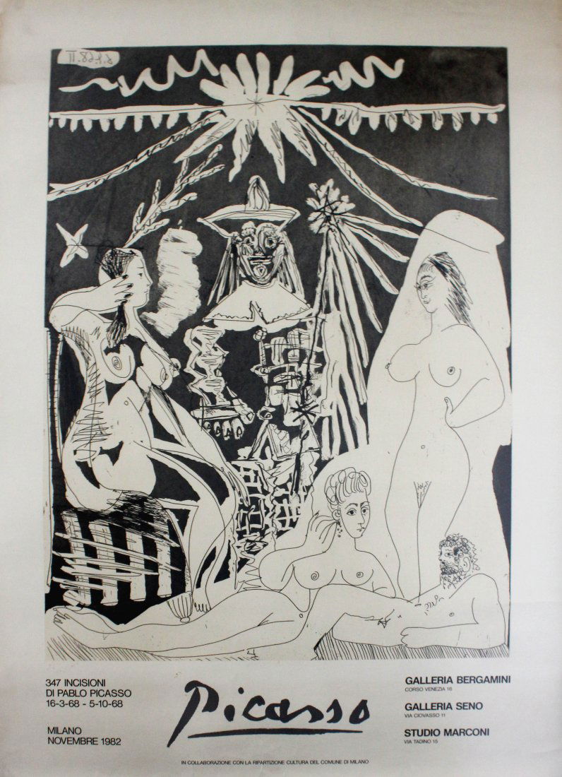 Advertising Posters Picasso Exhibition Milan 1982: Picasso Exhibition Milan 1982 Original vintage advertising poster for the Picasso Exhibition in Milan during November 1982 featuring 347 etchings by Picasso from 16 March to 5 October 1968. Image in b