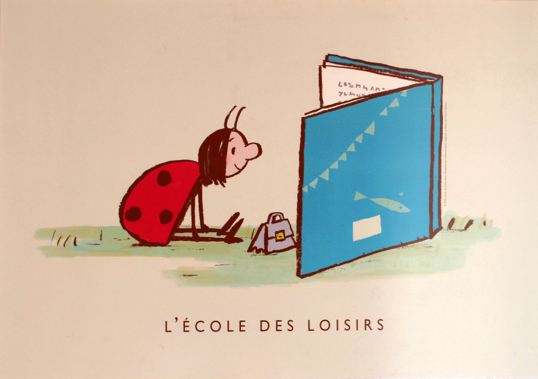 Advertising Posters Recreational School Ladybird: Recreational School Ladybird Original advertising poster for l'Ecole des Loisirs, the French publisher of children's literature (founded 1965). Fun image of a ladybird reading a book, her handbag besi