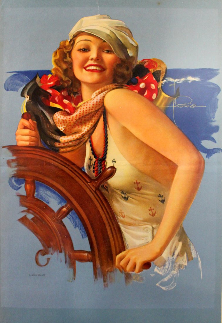 Advertising Posters Sailors Beware Armstrong: Sailors Beware Armstrong Original vintage advertising poster - Sailors Beware - by the American pin-up artist, Rolf Armstrong (1889-1960). Great image on a blue background of a smiling lady dressed in