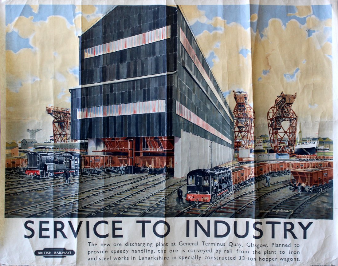 Advertising Posters Service to the Industry British: Service to the Industry British Railways Large original vintage British Railways poster: Service to Industry - The new ore discharging plant at General Terminus Quay, Glasgow. Planned to provide a spe