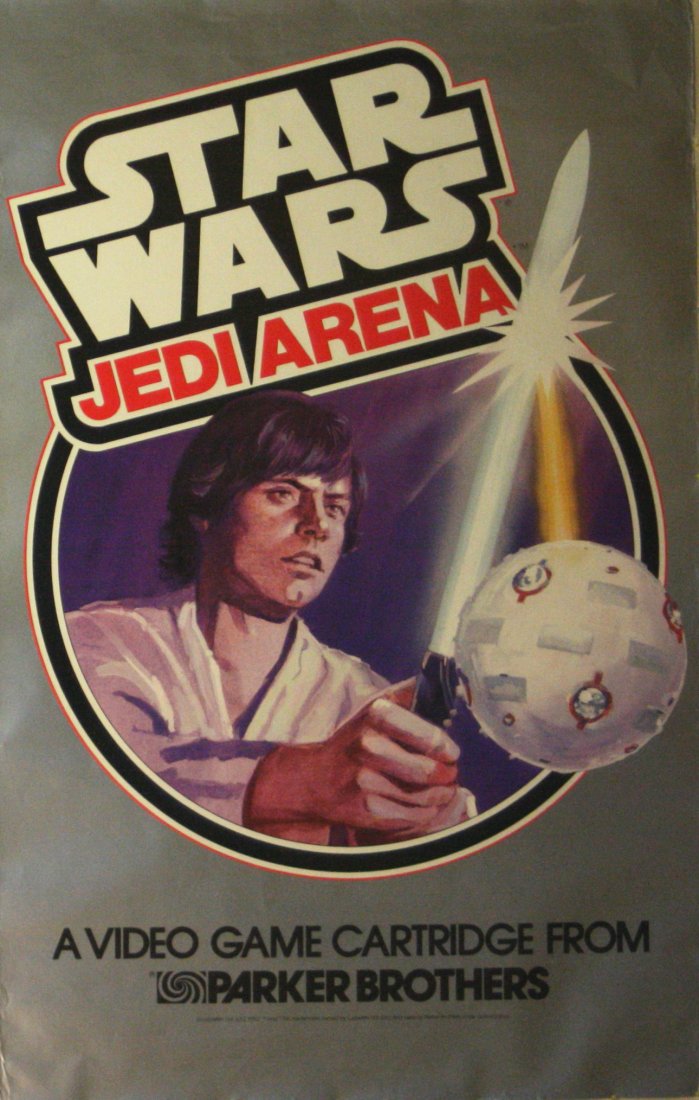 Advertising Posters Star Wars Jedi Arena Atari: Star Wars Jedi Arena Atari Original vintage poster for Star Wars Jedi Arena. Image of Luke Skywalker with a lightsaber and a firing practice drone. Atari video game cartridge from Parker Brothers deve