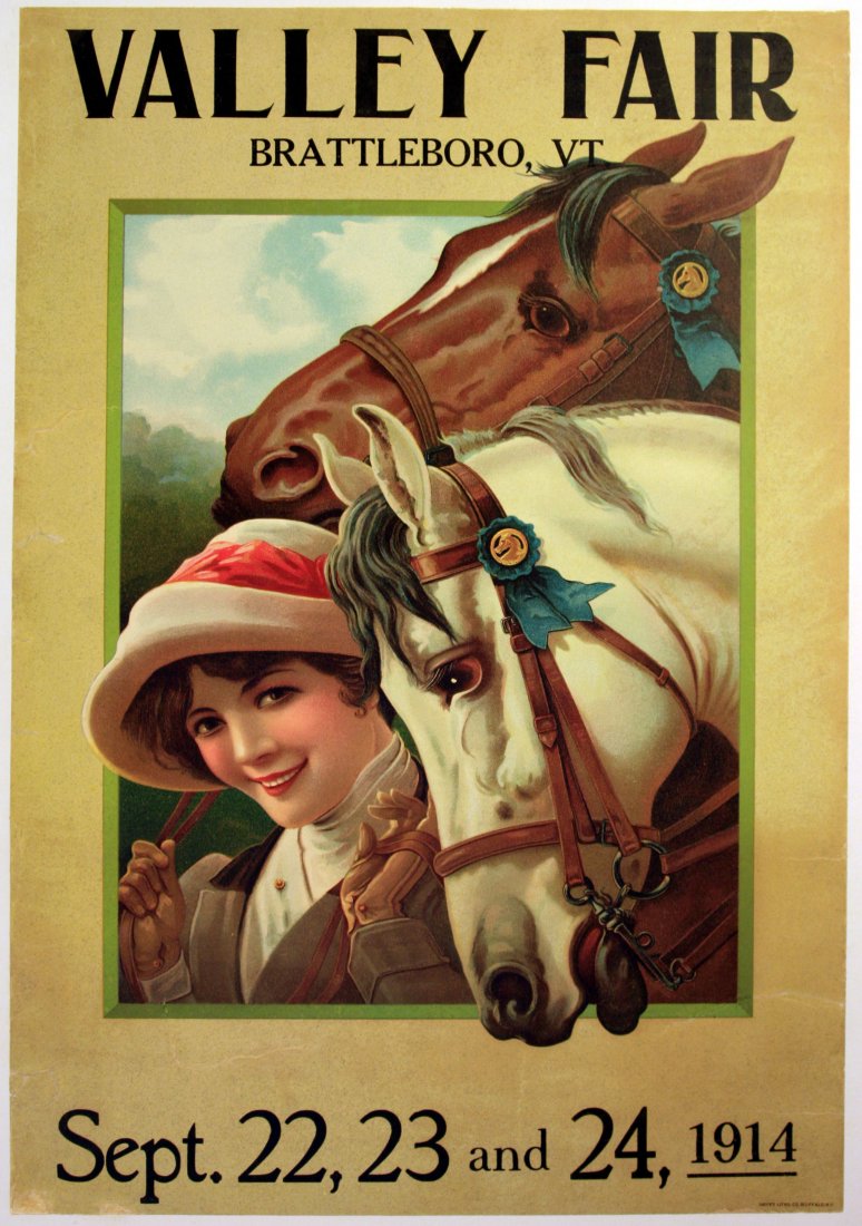 Advertising Posters Valley Fair, Vermont 1914: Valley Fair, Vermont 1914 Original vintage advertising poster for the Valley Fair, Brattleboro, Vermont on September 22, 23 and 24, 1914, featuring an image of a girl with two horses. Copyright Hayes 