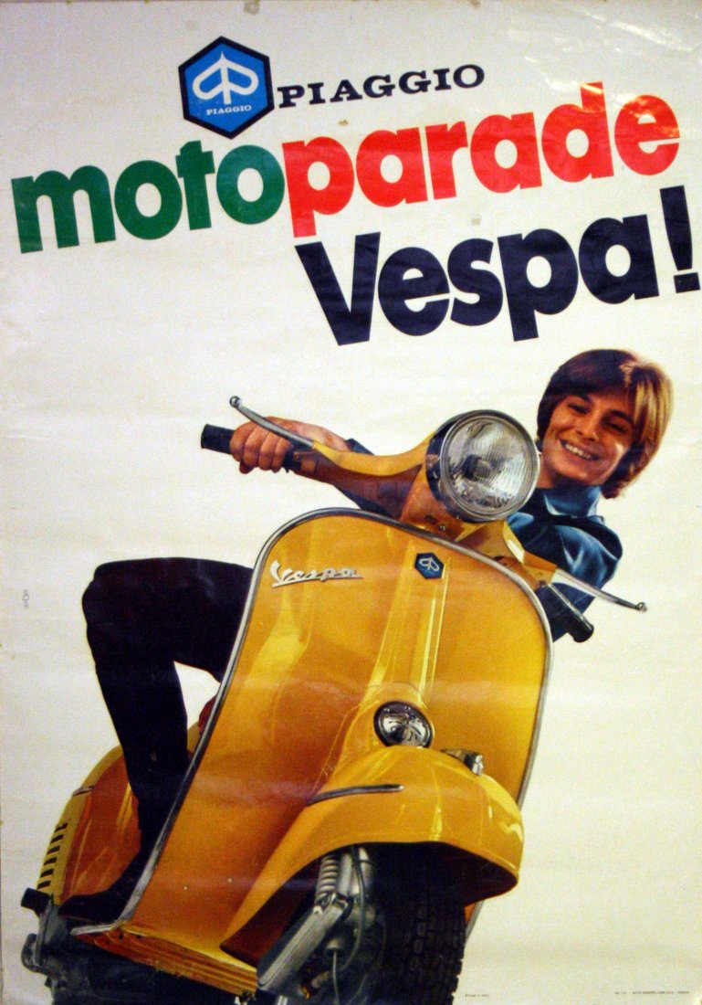 Advertising Posters Vespa Piaggio Moto Parade: Vespa Piaggio Moto Parade Original vintage advertising poster: Vespa Piaggio Moto Parade, printed in Italy by Guiseppe Lang, Genova. Fair condition, creases, staining, tape marks. Original Vintage Pos