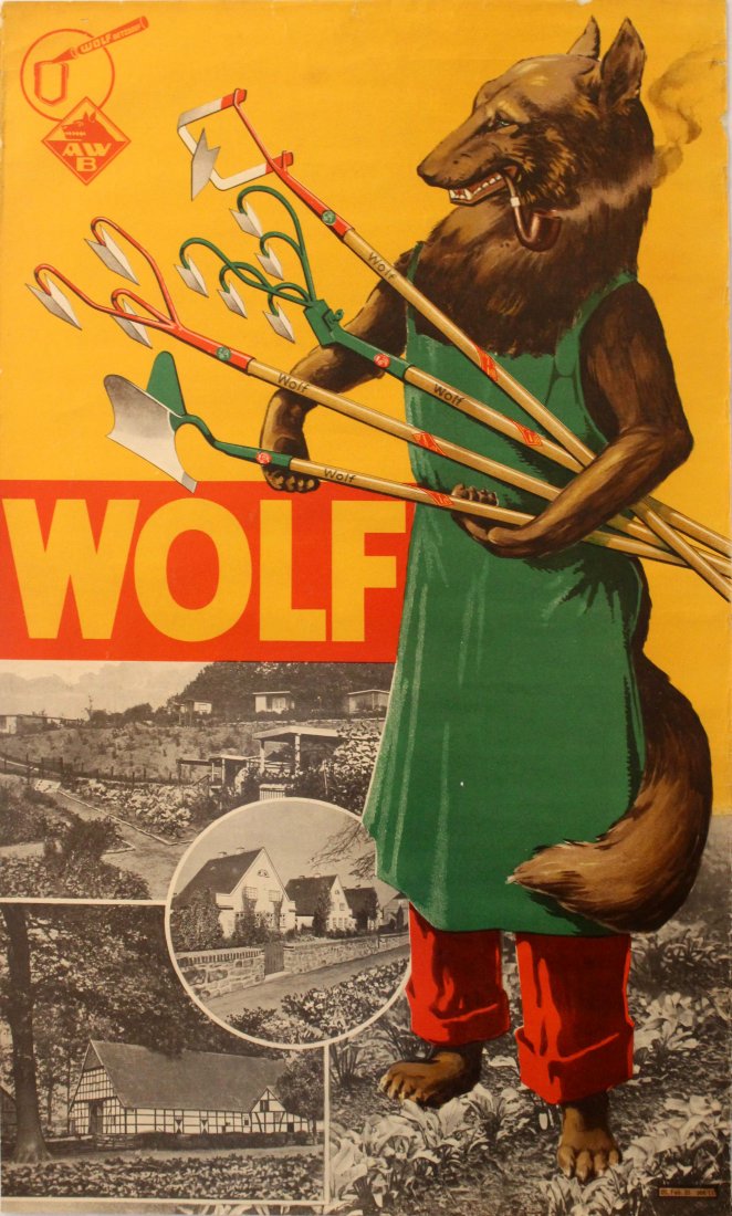 Advertising Posters Wolf Gardening Equipment: Wolf Gardening Equipment Original vintage advertising poster for Wolf gardening equipment. Colour image of a wolf holding garden tools, wearing a green apron and smoking a pipe, on a yellow background