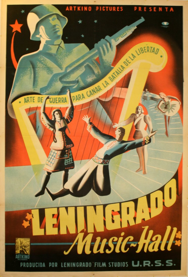 War Posters Leningrad Music Hall: Leningrad Music Hall Original vintage Soviet cinema poster. "Art of war to benefit the battle of freedom." Colourful image of folk and ballet dancers and a singer on a stylised piano keyboard in front