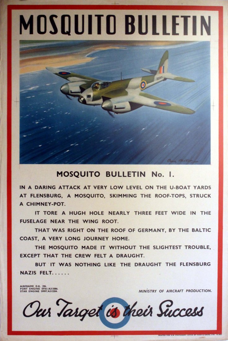 War Posters Mosquito Bulletin WWII: Mosquito Bulletin WWII Original vintage World War Two poster: Mosquito Bulletin, Ministry of Aircraft Production. Image of an RAF bomber plane, de Havilland Mosquito ('Mossie'), flying over the sea ne