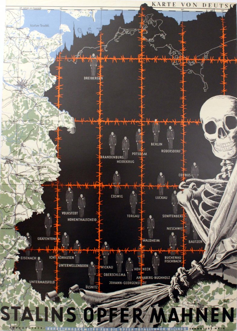 Propaganda Posters Anti-Soviet Propaganda: Stalin's: Anti-Soviet Propaganda: Stalin's Victims Original vintage poster - Stalins Opfer Mahnen - featuring a black map marking the Soviet prison camps in Germany with a red barbed wire grid on top of it, bor