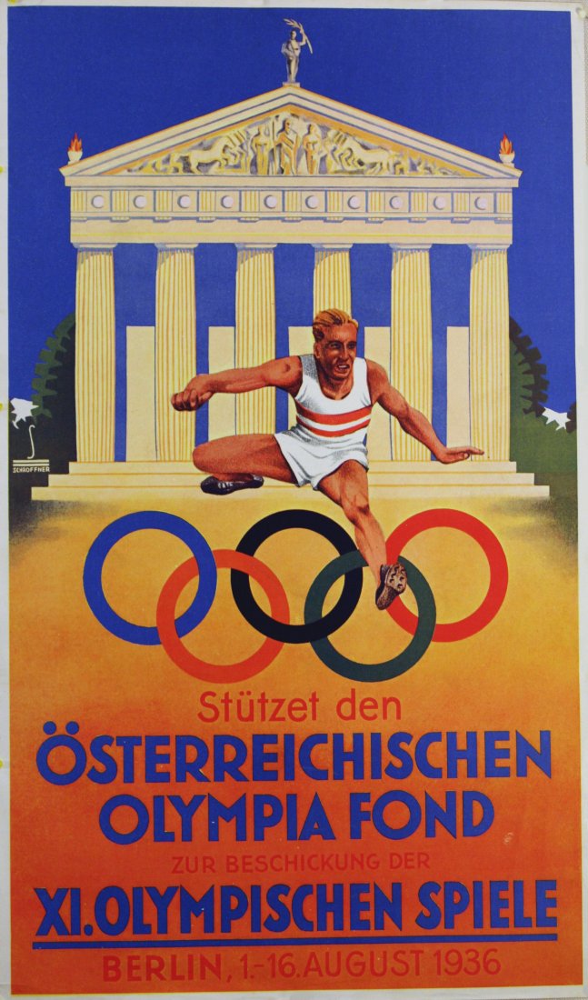 Sport Posters Austrian Olympic Fund: Austrian Olympic Fund Original vintage poster advertising the Austrian Olympic Fund for the XI Olympic Games in Berlin, 1-16 August 1936. Colourful image features a hurdler, the Olympic rings logo and
