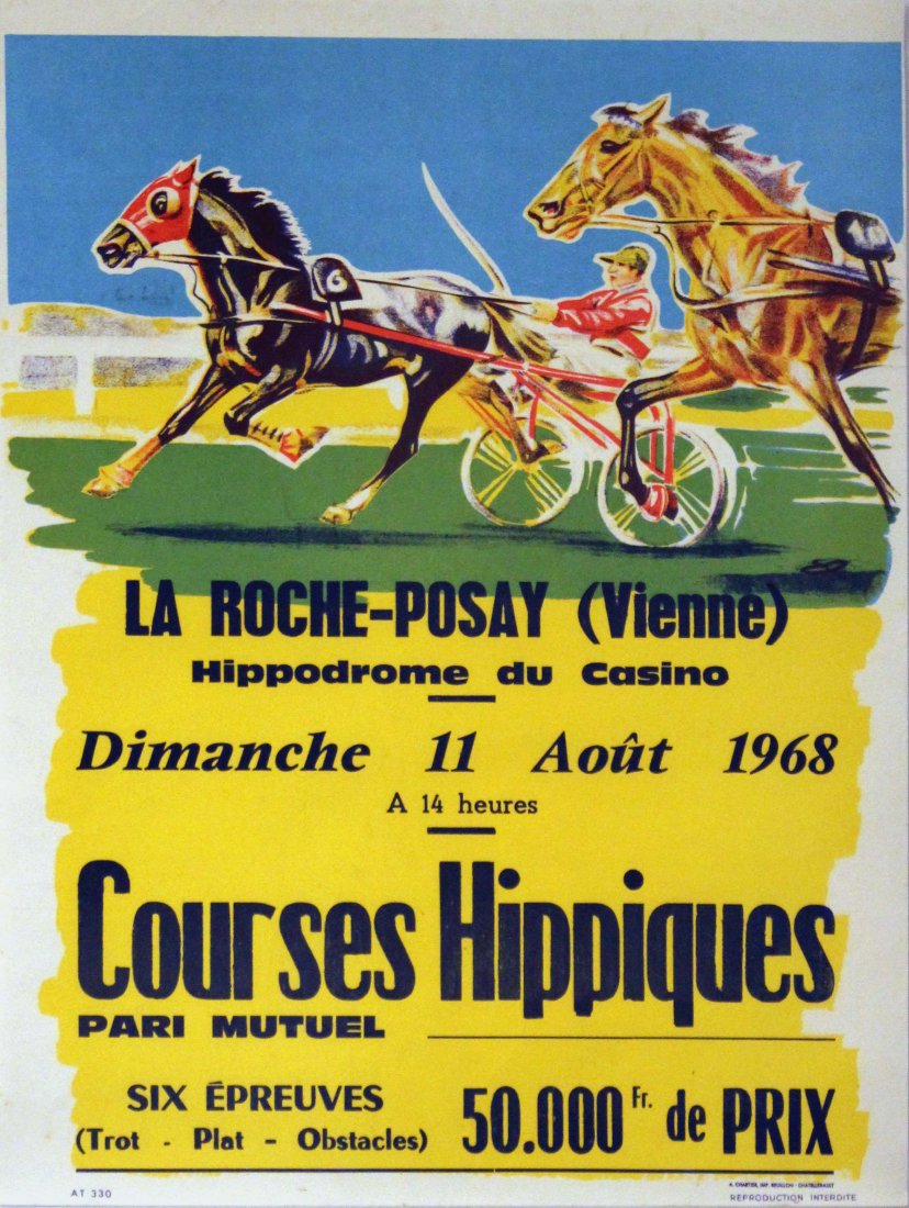 Sport Posters Horse Racing, La Roche-Posay (chariots): Horse Racing, La Roche-Posay (chariots) Original vintage poster advertising La Roche-Posay (a spa town in the Loire Valley known for its horse racing, casinos and golf), 11 August 1968. Artwork of hor