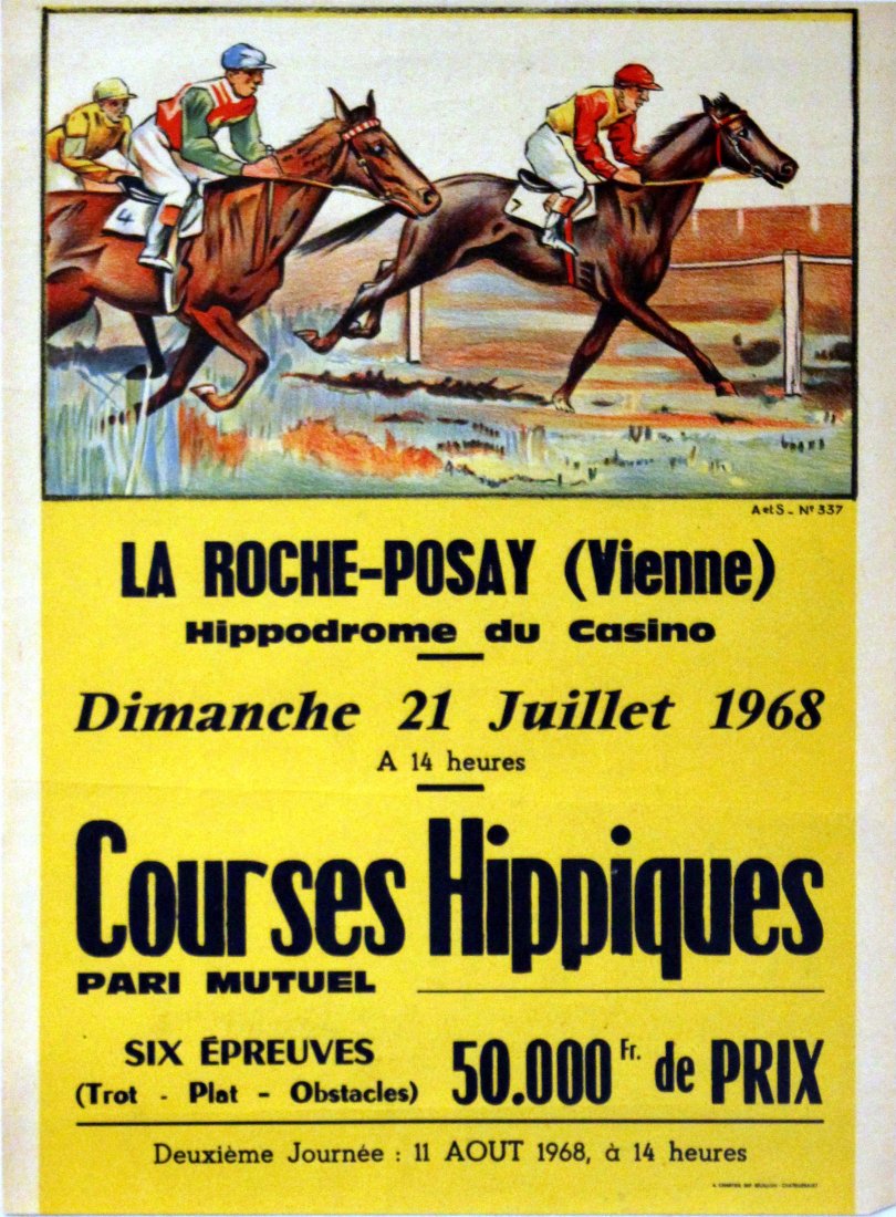 Sport Posters Horse Racing, La Roche-Posay (Vienne): Horse Racing, La Roche-Posay (Vienne) Original vintage poster advertising La Roche-Posay (a spa town in the Loire Valley known for its horse racing, casinos and golf), 21 July 1968. Artwork of three j