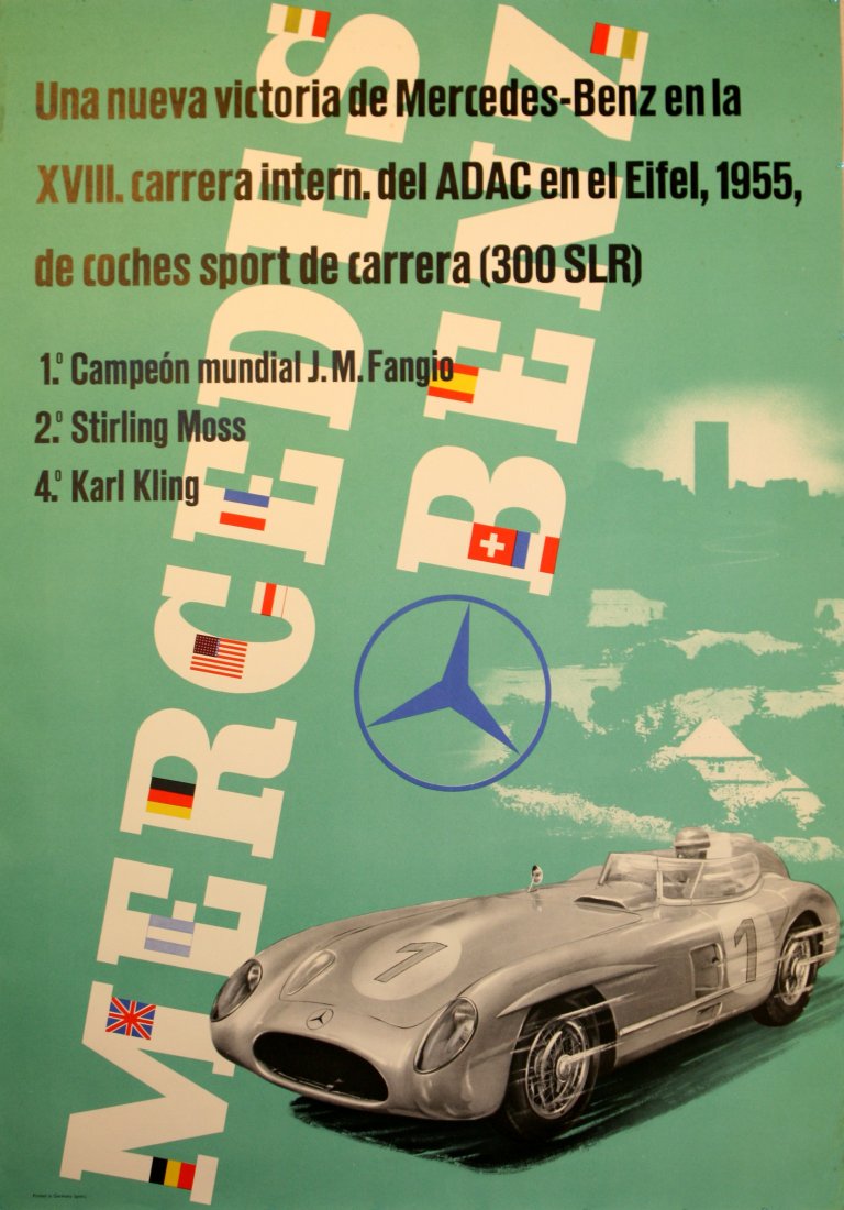 Sport Posters Mercedes Benz ADAC Grand Prix 1955: Mercedes Benz ADAC Grand Prix 1955 Original vintage sport advertising poster for the Mercedes Benz victories at the XVIII International Grand Prix ADAC in Eiffel, 1955: "una nueva victoria de Mercedes