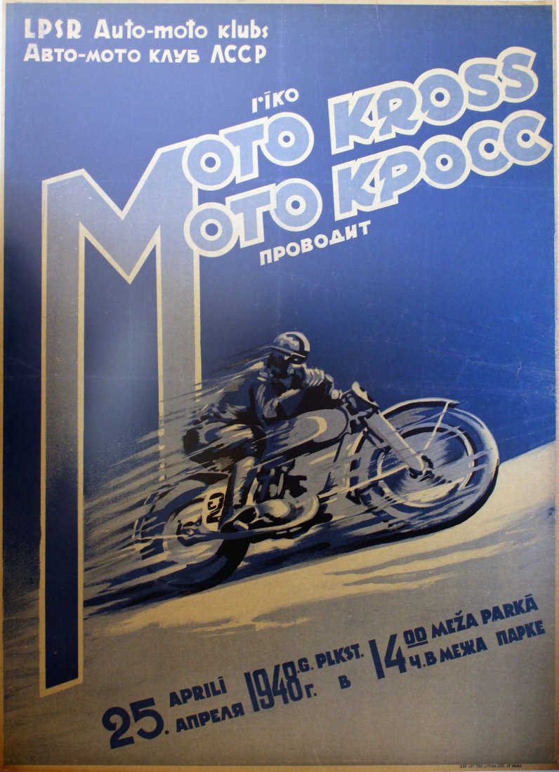 Sport Posters Moto Cross Competition Riga 1948: Moto Cross Competition Riga 1948 Original vintage poster for a Moto Cross competition on 25 April 1948, organised by the Moto Cross Club of Latvian Socialist Republic. Image in shades of blue of a mot