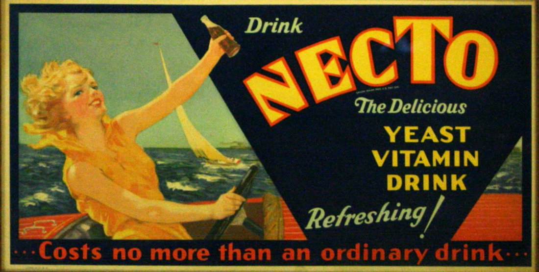 Sport Posters Sailing Girl Necto: Sailing Girl Necto Original vintage advertising poster for Necto, "the delicious yeast vitamin drink, refreshing! Costs no more than an ordinary drink" featuring a lady in a boat holding up her drink 