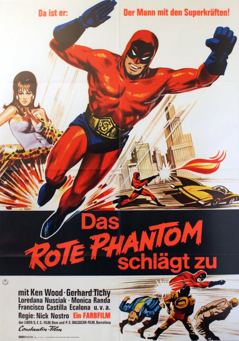 Cinema Posters The Red Phantom Superhero Comics: The Red Phantom Original vintage film poster for the German release of an Italian/Spanish movie, The Red Phantom (Superargo contro Diabolikus / Das rote Phantom schlagt zu), featuring images of a supe