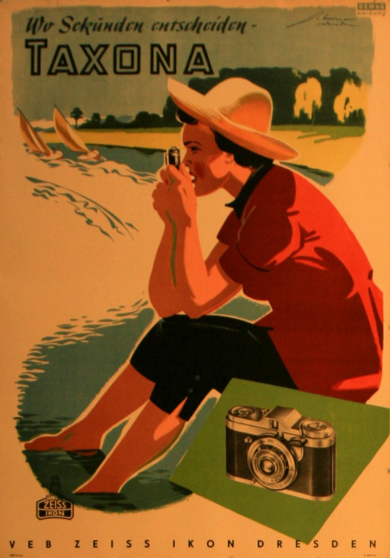 Advertising Poster Taxona: Taxona Original vintage photography advertising poster for Taxona, Zeiss Ikon. Zeiss Ikon Taxona was a compact, 35mm, viewfinder film camera introduced by Zeiss Ikon AG in 1952. Image of a photographe