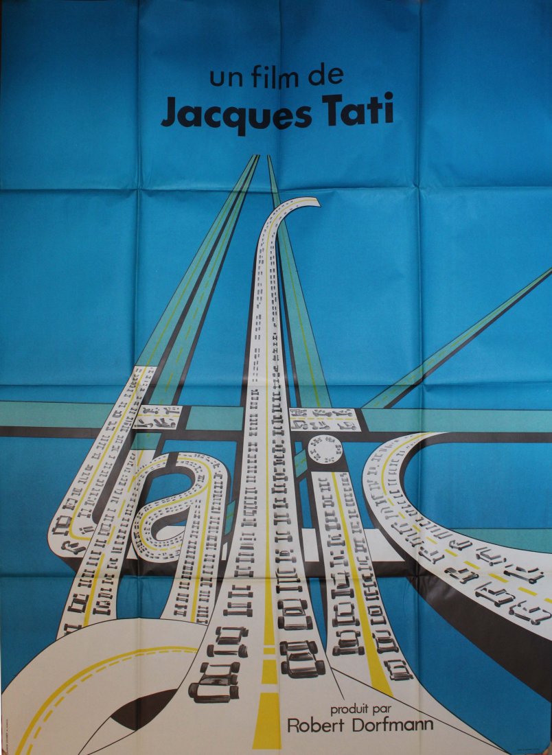 Cinema Poster Traffic Jacques Tati: Traffic Jacques Tati Original vintage cinema poster for the comedy movie, Trafic, starring the film's director, Jacques Tati, as Monsieur Hulot. Fantastic design on a blue background featuring a styli