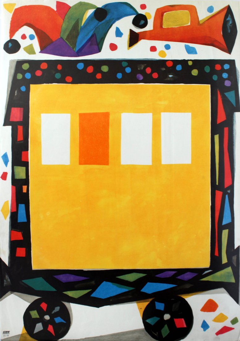 Advertising Poster German Railways - Fun Train: German Railways - Fun Train Original vintage poster advertising German Railways featuring a fun carnival style image of a train with a horn and clown's hat on top of the train. Unused announcement boa