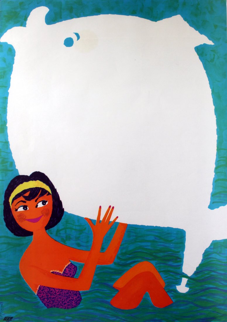 Advertising Poster German Railways - Sea and Fish: German Railways - Sea and Fish Original vintage poster advertising German Railways featuring a fun image of a lady in the sea holding a huge white fish. Unused announcement board. Very good condition,