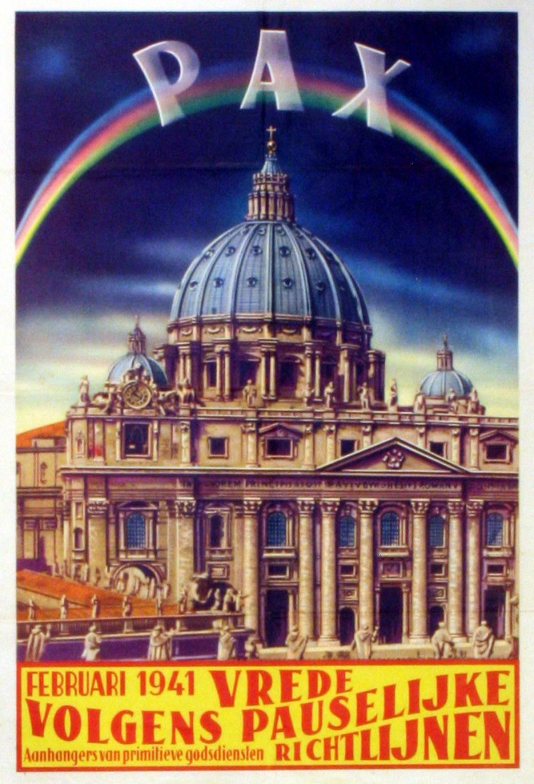 Propaganda Poster Peace - Pax: Propaganda Poster Peace - Pax Original vintage propaganda poster: Peace - Pax, February 1941 - vrede volgens, pauselijke, Aanhangers van primitieve godsdiensten richtlijnen. Image of a rainbow over a 